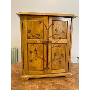 Wooden Jewelry Box With Tree Design Double Doors Hinged Closure Vintage Charm 12